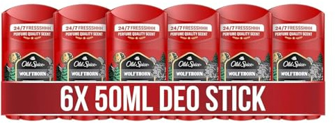 Gamla Spice Wolfthorn deodorant stick för män, 6 x 50 ml, 48 H färsk, långvarig doft i parfymkvalitet, 0% aluminiumsalter, inga fläckar på svart och vit, tillverkad av 50% återvunnen plast