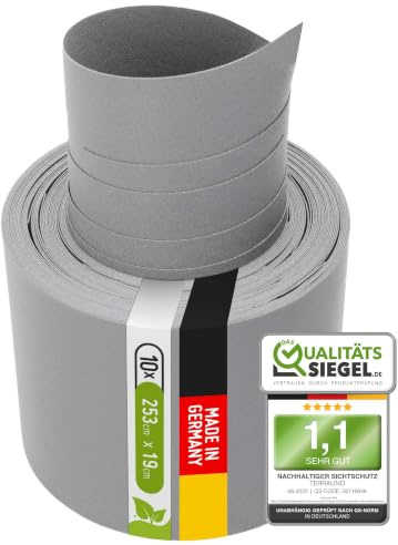 TerraUno Nachhaltige Sichtschutzstreifen für Doppelstabmatten, Polypropylen, Made in Germany, RAL 7040 Grau, 10 Streifen, extra stabil, Lederoptik, Zaun Sichtschutz mit UV-Beständigkeit