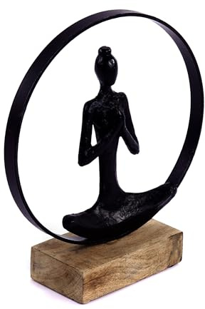 CREEDWOOD SKULPTUR Namaste | Mangoholz, 28cm, schwarz | Yoga Deko Figur, sitzende Yoga-Frau, meditierende Statue, Kreis Yoga Aufsteller, Yoga Pose Deko Objekt
