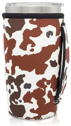 AJLTPA Portavasos de neopreno aislado con asa para vasos de 20 onzas, funda reutilizable para café helado, compatible con Starbucks Trenta, Dunkin Large, más (estampado de vaca marrón)