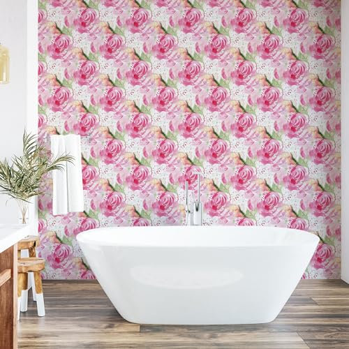 ABAKUHAUS Rosenmuster abziehbare & klebbare Tapete für Zuhause, Retro-romantisches Blumenmuster, selbstklebendes Wohnzimmer Küchenakzent, 33 cm x 250 cm, Pink Pistaziengrün