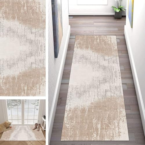 Buatisf Teppich Flur Läufer rutschfest, Kücheteppich Waschbar Modern Grau Beige Flurläufer Lange Küchenläufer für Korridor Schlafzimmer Polyester Teppichläufer Küchenläufer Anpassbar