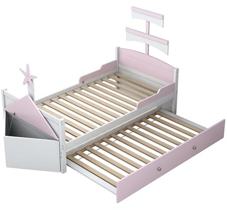 Azkoeesy Bett mit Ausziehbett und Stauraum bettkasten, 90x200 + 90x190 cm, Segelbootform-Design, mit Lattenrost und Kopfteil, Kiefernholz, Kinderbett Jugendbett, Gästebett, Rosa