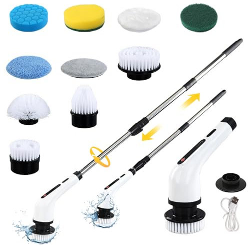 Yolispa Elektrischer Spin Scrubber, 9-in-1 kabellose Reinigungsbürste mit 9 austauschbaren Bürstenköpfen und verstellbarem, abnehmbarem Griff, Power Scrubber für Badezimmer, Küche, Fliesen, Böden und