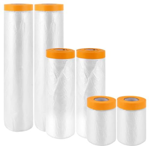 ZOFUN 6 Rollen × 20m Abdeckfolie mit Klebeband, Transparent Abdeckfolie mit Gewebeklebeband Selbstklebende Malerfolie Malerband (55cm/240cm/270cm)