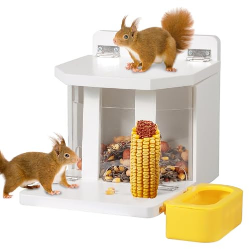MIXXIDEA Eichhörnchen Futterhaus Hölzerne Eichhörnchenfütterung für draußen mit Wasserschale, großes Fassungsvermögen stabiles, Keine Montage erforderlich (weiß-1pcs)