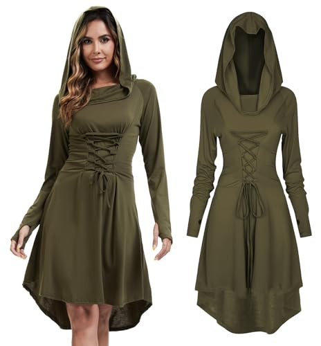 LLTTEER Abito Medievale Gotico Donna,Costume rinascimentale da donna con cappuccio,Vestiti Medievali Abito Steampunk per Halloween Carnevale Cosplay (Verde, S)