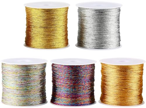 Bangbobi 5 Rotoli di Filato Glitterato in Poliestere, 0,4 mm x 50 m/Rotolo, 250 m Totali, Cordino per Gioielli, Collane e Braccialetti