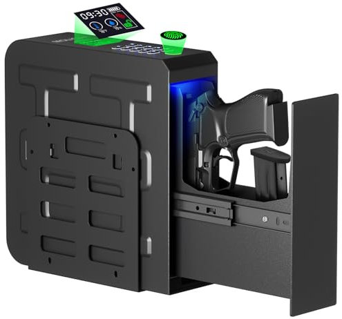 MOLICAR Biometric Slider Pistol Safe with LCD of Temp Humidity Battery, Mounted Single Bedside Gun Safe with 3 Ways Quick Access Handgun Case for Nightstand, Bed, Desk, Wall, Dresser