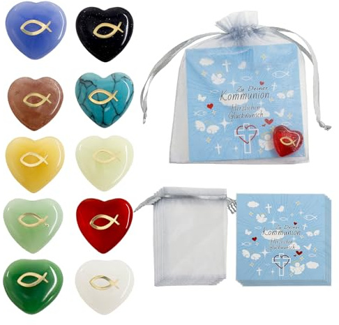 30pcs Mitgebsel Kommunion Gastgeschenke, 10x Glücksbringer Herz mit Fisch | Glückssteine für Kinder Erwachsene, als Mitgebsel Kindergeburtstag/Gastgeschenk Taufe