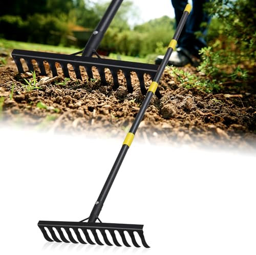 Rake, 118 cm Bow Rake with 12 Tines, Long Handle Heavy Duty Garden Rake for Loosening Soil, Cleaning Leaves, Weeding, Thatch, Garden Tool