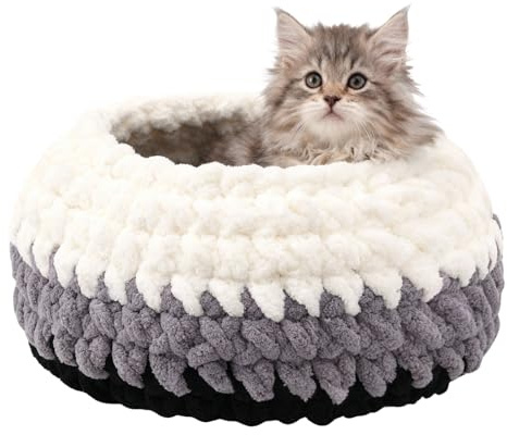 BUMUBI Handwoven Soft Cat Cave Bed, Indoor Cat Beds with Washable Round Nest, Kitten House & Cat Furniture, White & Gray
