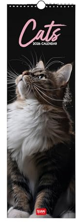 Legami Väggkalender 2026, katt, liten väggkalender, 12 månader och årsplanerare, 6 språk, plats för anteckningar, stjärntecken, internationella helgdagar, 16 x 49 cm