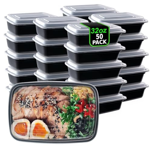 AIDOU Paquete de 50 recipientes reutilizables para preparación de comidas, sin BPA, con tapas para plástico duradero, apilables, aptos para microondas, congelador y lavavajillas (32 onzas)