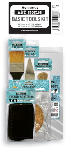 Stamperia - Kit of 3 Hand Spatulas, Misty Spray, Sponge Paint, Metal Spatula, Standarino Brush Size 8, and Flat Brush Size 2” for Crafts and Mixed Media Projects