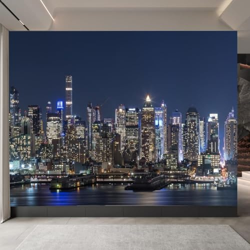 Fotomurales Decorativos Vista Nocturna de Nueva York Papel Pintado 450x315 cm 3D Mural Nueva York Murales Póster Pared No Tejido Dormitorio Salón Paredes Decoración Fotomural Panorámico q.1767