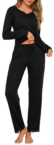 Jahetuul Ensemble Pyjama Femme Dentelle Coton Col V Pyjama Long Doux | Pyjama femme en coton doux avec finition dentelle élégante, col en V et pantalon long fluide pour des nuits confortables.
