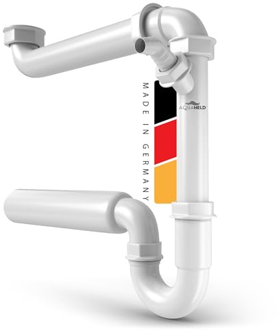AquaHeld® Raumsparsiphon für Küchenspüle und Waschbecken [Made in Germany] – Siphon 1 1/2 x 50mm mit einem 1” Geräteanschluss– einstellbarer Möbelsiphon – Geruchsverschluss Küche, Bad & Waschtisch –