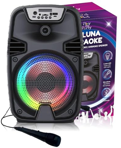 Play & Party Altavoz Karaoke con Luces LED – Parlante Bluetooth 5.1 con Micrófono, USB/SD, Batería 1200mAh, Show de Luces Multicolor, Sonido Estéreo Portátil