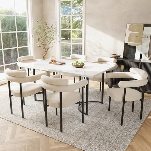 Matbord och stolset (7-delat set), med designbordsben av metall, inklusive 6 ihåliga stolar av krämfärgat mockatyg, snyggt och bekvämt, lämpligt för restauranger