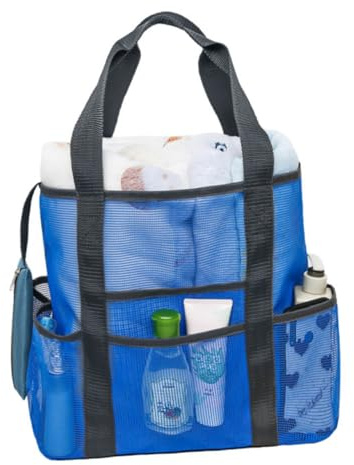 LOORGVEL Sac Plage Maille Capacité Importante Sac Filet Multifonction Léger avec Poches Multiples et Séchage Rapide pour Jouets Serviettes et Courses Bandoulière Confortable Bleu