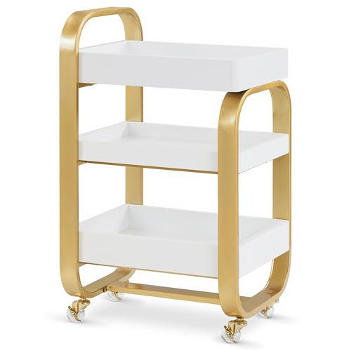 BarberPub 3 Tier Beauty Trolley on Lockable Wheels, Lash & Nail Storage Cart, Multifunctional Serving Trolleys for Salon/SPA/Home/Hairdressing/Office/Clinic, 360° Rotatable Silent Wheels (Gold)