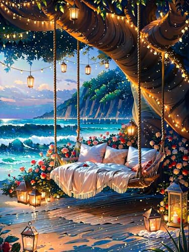 GEEHEIY Diamond Painting Erwachsene Romantische Strandschaukel 30 x 40 cm | 5D DIY Diamantmalerei Bild für Erwachsene, Fantasy Strand Deko, entspannendes Basteln, Wohnaccessoires, Geschenkidee