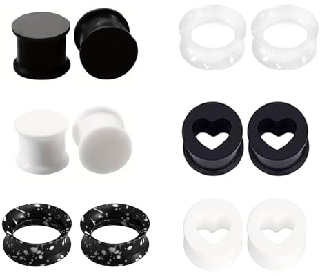 Hernin 6 Paires Tunnel Oreille Plugs d'oreille en Silicone Ecarteur Oreille Tunnels de Chair Bouchons d'Oreille Flexibles Tunnels Ecarteur Tunnel Plug (noir + blanc, 10mm)