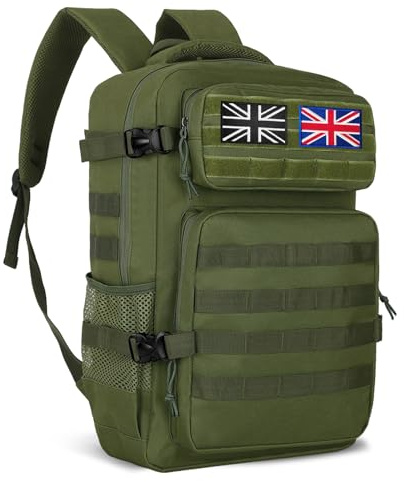 Lesbyit 36L Waterproof Hiking Backpack Tactical Military Backpack | Multi-Compartment Camping Rucksack with Ventilated Straps and 2 Flag Patches for Trekking, Travel & Outdoor, Green