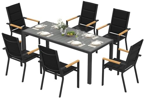 Devoko Set di Arredo da Giardino 6 Persone, Set di Tavolo 189 cm Design a Vena di Legno e 6 Sedie Impilabili da Esterno in Alluminio, Ideale per Cortile, Terrazza o Ai Margini della Piscina, Grigio