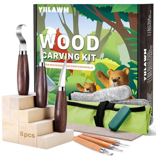 YHLAWM 18 Piece Wood Carving Kit for Beginners – Whittling Kit, 6 Carving Tools, 8 Basswood Blocks, Cut-Resistant Glove & Strop – Wood Whittling Set for Spoon Carving, Adult Craft Gift