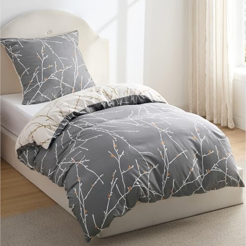 BEDSURE Bettwäsche 135x200 2teilig Mikrofaser - Grau Zweige, 1x80x80 Kissen | Bettwäsche-Sets Wendebettwäsche, Oeko-TEX Bedding mit Reißverschluss, Extra Weich & Atmungsaktiv