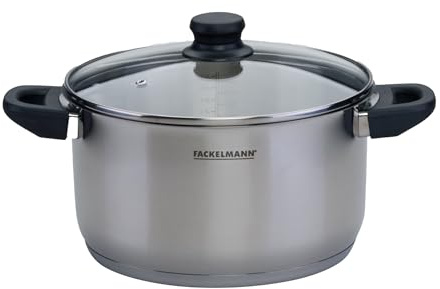 Fackelmann Geneva Olla Alta 24 x13,5 cm, Capacidad 5,4 Litros, Cazo de Acero Inoxidable con Núcleo de Aluminio, Tapa de Vidrio, Resistente a Corrosión y Fácil de Limpiar