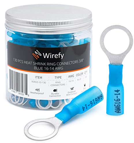 Wirefy Heat Shrink Ring Terminals 3/8 - Marine Grade Terminal Connectors - Waterproof Eyelet Wire Connectors - Red 16-14 AWG - 130 PCS