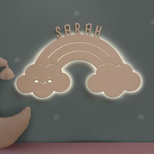 hellomini Personalisierbares LED-Nachtlicht mit Name für Kinder & Babys | Holz-Wandlampe | Schlummerlicht mit Motivwahl – Geschenk zur Geburt & Taufe (Rosa der Regenbogen)