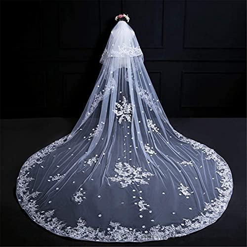 ABWYB Brautschleier Spitze Applique Rand Braut Hochzeit Kapelle Schleier Super Long Tail Fotostudio Weicher Tüll 3D Blume Zweilagige Brautkleid Zubehör mit Kamm für Braut Frauen,Weiß,3.5M × 3M