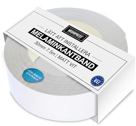 WoodPress® 30 mm matt vit melaminkant, förlimmad fanertejp – 7,5 m rulle – stryk på för enkel gör-det-själv-användning – täcker kanten på en standard MDF-panel