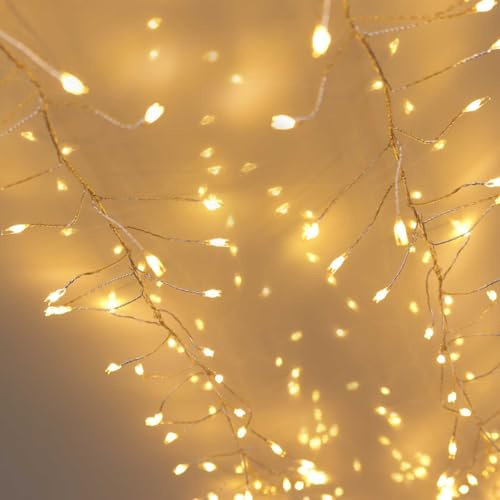QBIS 400 LED Cluster Lights on Silver Wire. Warm White Fairy Lights Plug in, 16.5ft Christmas Lights for Christmas Tree and Fireplace Mantel. Indoor Outdoor Firecracker Light String.