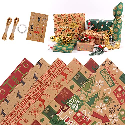 Christmas Wrapping Paper, 19Pcs Birthday Wrapping Paper Sheets Recyclable Gift Wrap with 10 Gift Tags, 2 Rope, 1 Double-Side Tap, Brown Xmas Wrapping Paper for Wedding Party Girls Boys(50 X 70cm)