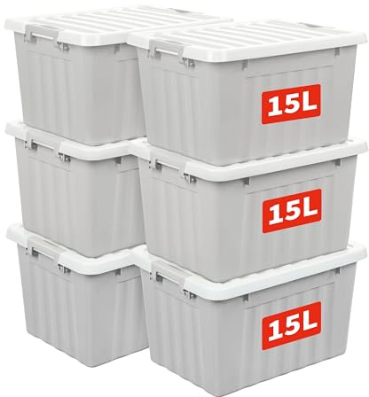 Cetomo 15 L x 6 förvaringslådor med lock, plastförvaringskorgar med spärrspännen, klickstängning, stapelbar, kapsling, organiserare för hemmakontorskläder, grå, 15 L-6-pack