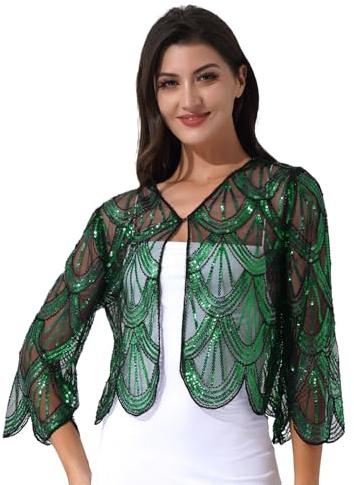 Freebily Coprispalle Donna Cardigan in Pizzo Elegante Giacca con Paillettes Bolero da Cerimonia Matrimonio Top Leggero Orlo Irregolare Abito da Sera Club Cocktail Verde Taglia Unica