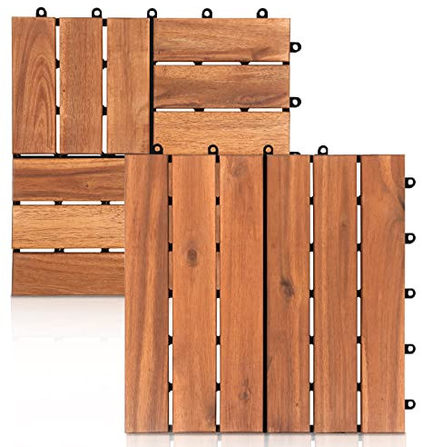 Herrselsam Holzfliesen aus Akazien Holz，30 x 30 cm Bodenfliesen, 33 Stück, 3 m² Terrassenfliese，Balkon Bodenbelag, Holzfliesen Balkon, 6 Latten Fliese