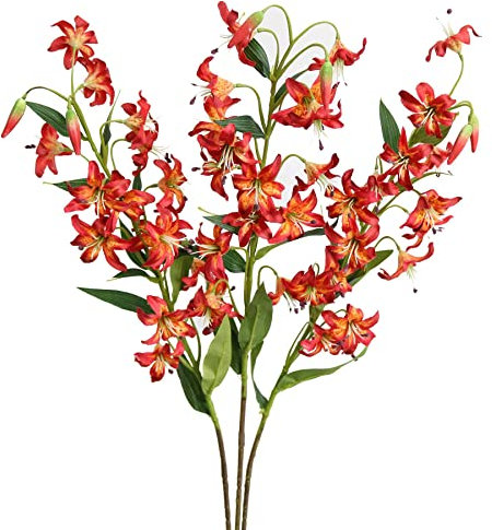 Fiori di giglio artificiali a stelo lungo, fiori di giglio di tigre, per casa, hotel, decorazione per feste (rosso arancione)