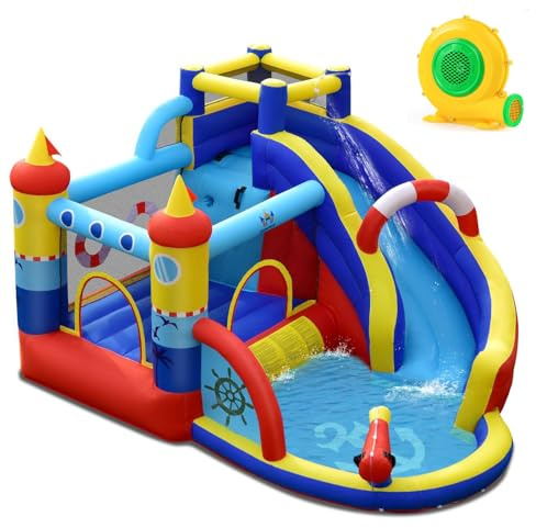 Maxmass Kids Bounce Castle, Inflatable Bounce House with Slide, Climbing Wall, Splash Pool, Trampoline, Water Cannon, Water Park Jumping House Playhouse for Indoor Outdoor (6-in-1 with Blower)