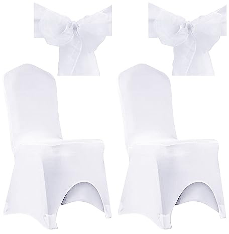 Hazrcvr Stuhlhussen Hochzeit 2 Stück Stuhlhusse Weiss Hochzeit Stretch Stuhlüberzug Husse Stuhlschutz Stuhlhussen im Schleifenband Elastik Stuhl Abdeckung Weiße Spandex Stuhlhussen mit Schleifen