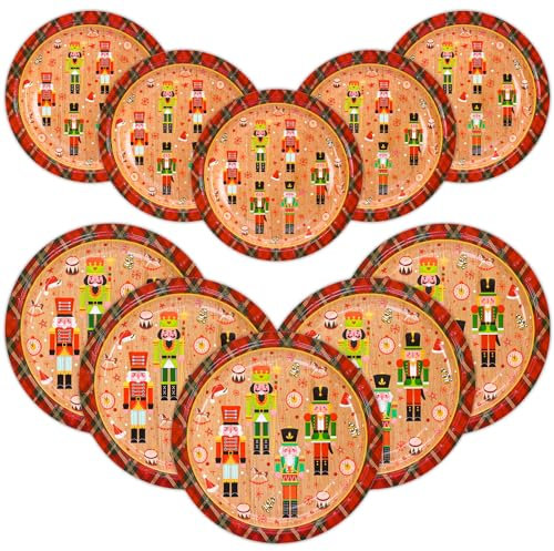 BFUN Nussknacker Weihnachtsteller rot und grün kariert Pappteller Bulk 100 Stück Xmas 23,9 cm Speiseteller und 17,8 cm Dessertteller Weihnachten Büffel Plaid Teller mit Vintage Holzmaserung