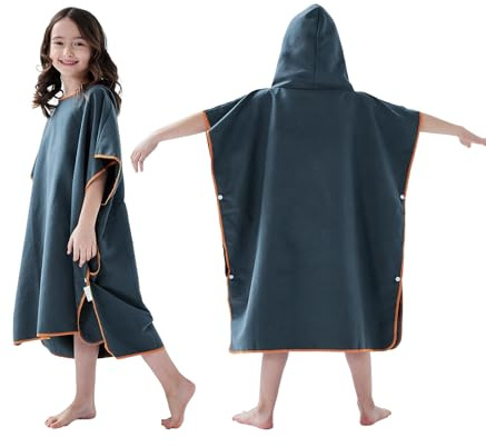 jooeer Hooded Kids Swim Towel Poncho Microfibre Beach Changing Towel for Girls Boys Pool Swimming Surfing Bathing Fast Dry Children Bathrobe, Navy Blue