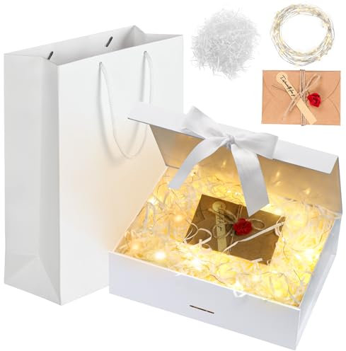 Idota Geschenkbox mit Deckel, Geschenkschachtel Schwarz, Geschenkkarton mit Schleife, Tasche, Farbband, Licht, Raffia, Grußkarten,Geschenkboxen für Hochzeit Geburtstag Weihnachten Jubiläum (Weiß M)