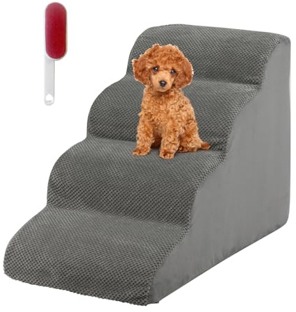 SOARS Hundetreppe 4-Stufig, Haustiertreppe aus Hochdichtem Schwamm, Katzentreppe mit Abnehmbarem, Waschbarem Bezug, rutschfeste Tiertreppe für Sofa & Bett (Grau)