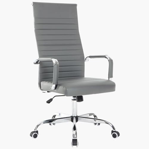 BAKAJI Sedia da Ufficio in Pelle Ergonomica con Schienale Alto e Supporto Lombare, Poltrona da Scrivania Girevole con Altezza Regolabile a Gas e Rotelle Girevoli a 360°, Base 64.5 cm Cromata (Grigio)